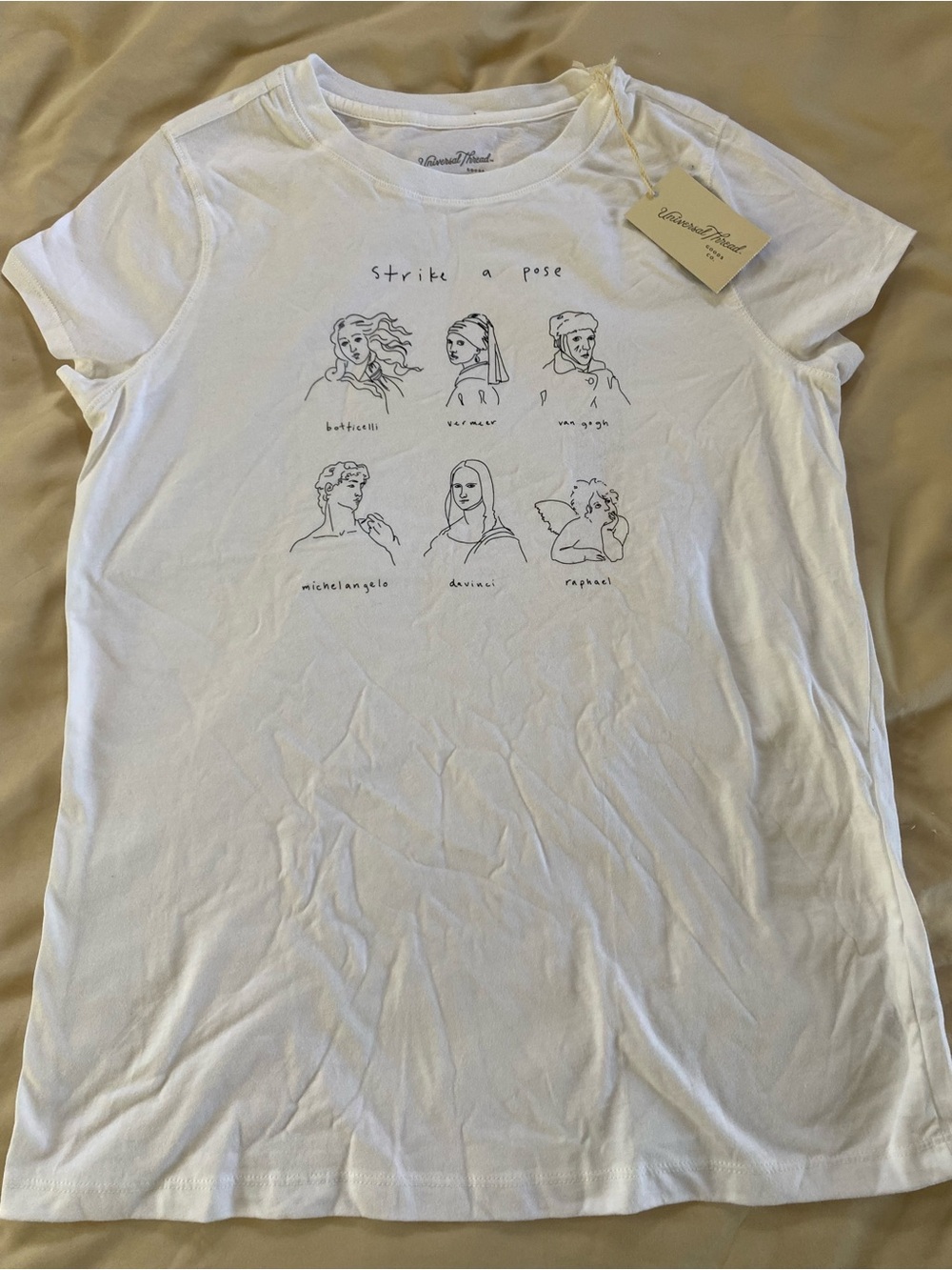 Universal Thread White Short Sleeve Tee with Minimalist Line Art- Strike a Pose!